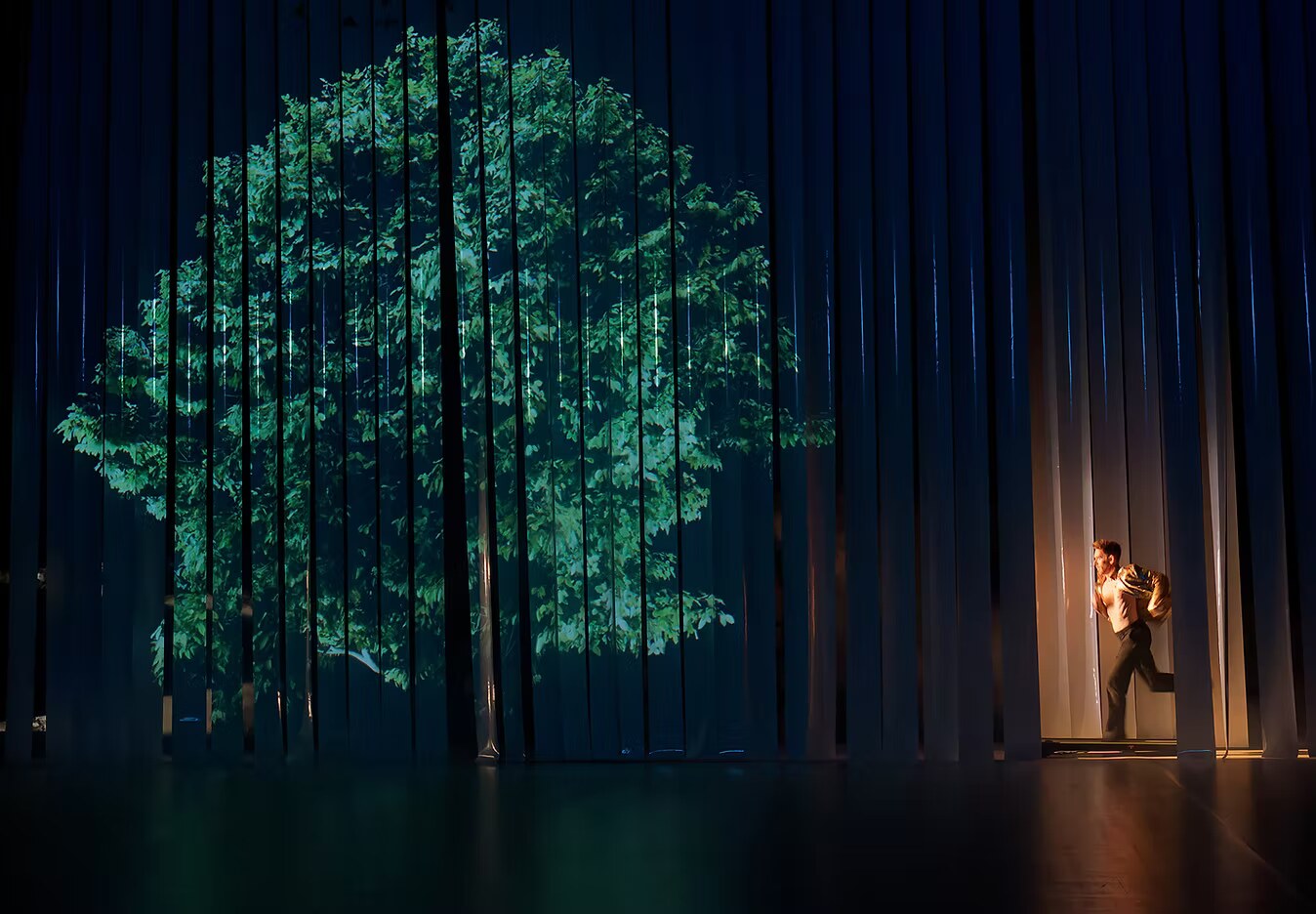 A dancer moving between tall dark curtains in CrAzy_RunnErs / Parad_Is_E